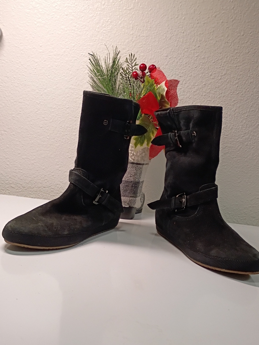 Black Suede Mid-Calf Buckle Ankle Boots